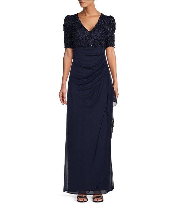 Alex Evenings Petite Size Lace Soutache Bodice V-Neck Short Sleeve Cascade Ruffle Empire Waist Dress Product Image