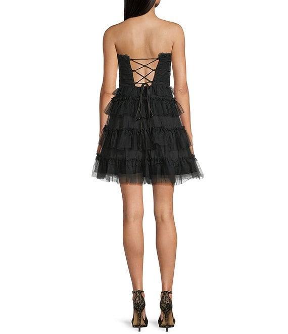 Pear Culture Mesh Strapless Fit-And-Flare Tiered Mini Dress Product Image
