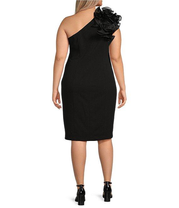 Marina Plus Size Ruffle One Shoulder Sleeveless Scuba Crepe Sheath Dress Product Image