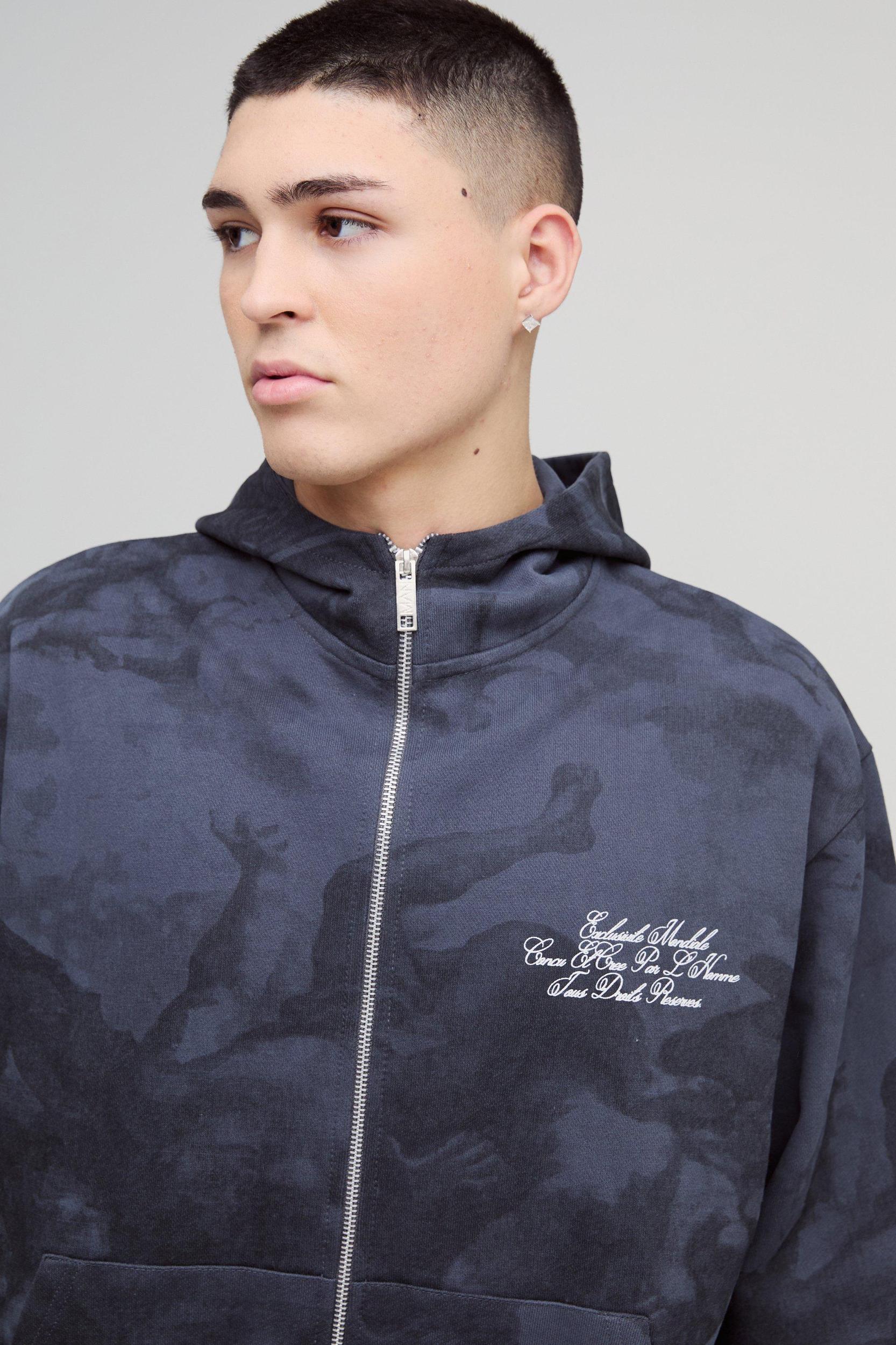 Oversized Boxy Zip Through Renaissance Print Hoodie | boohooMAN USA Product Image