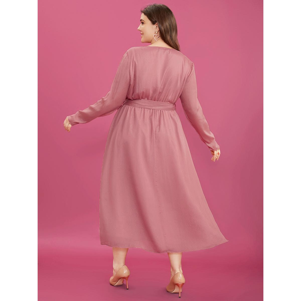 Plus Size Solid Pocket Belted Surplice Neck Midi Dress DustyPink Women Elegant Belted V-neck Long Sleeve Curvy Midi Dress BloomChic 10/M Product Image