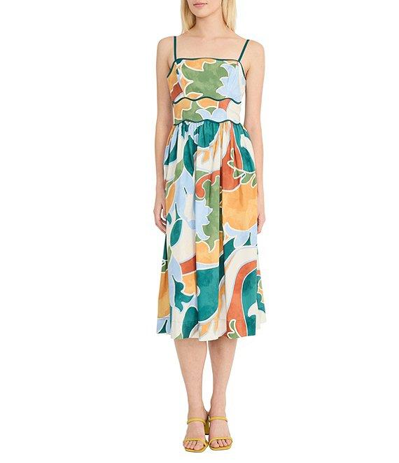Donna Morgan Poplin Multi Print Square Neck Sleeveless Scalloped Trim Midi Dress Product Image