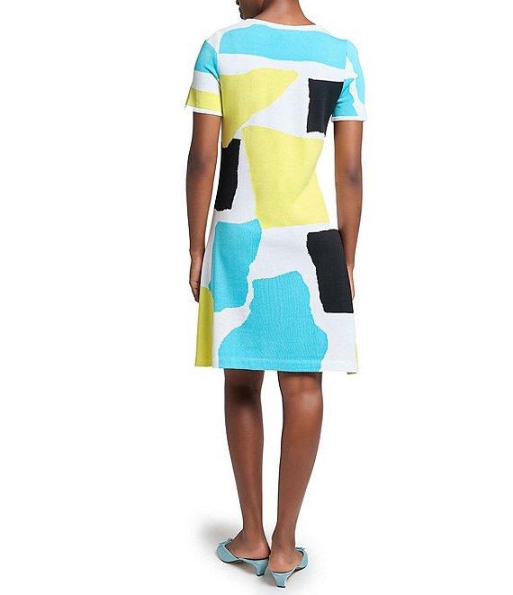 Ming Wang Soft Knit Abstract Color Block Round Neck Short Sleeve Dress Product Image