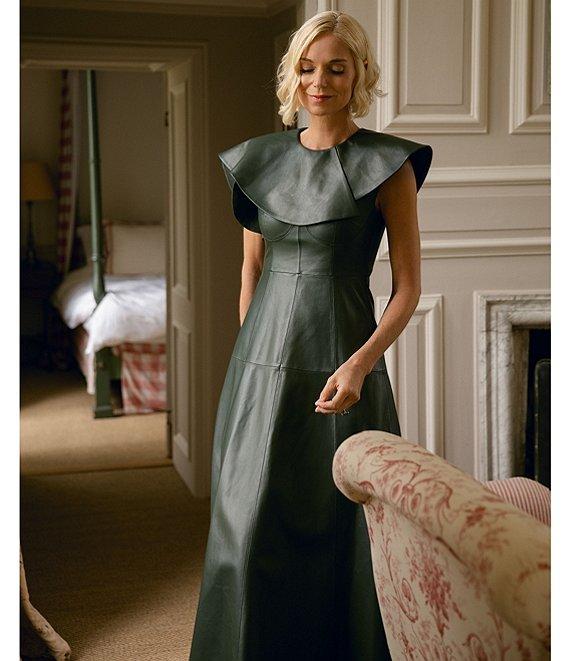 Antonio Melani x Jennifer Sumko Emi Genuine Leather Round Neck Ruffle Top Sleeveless A-Line Midi Dress Product Image