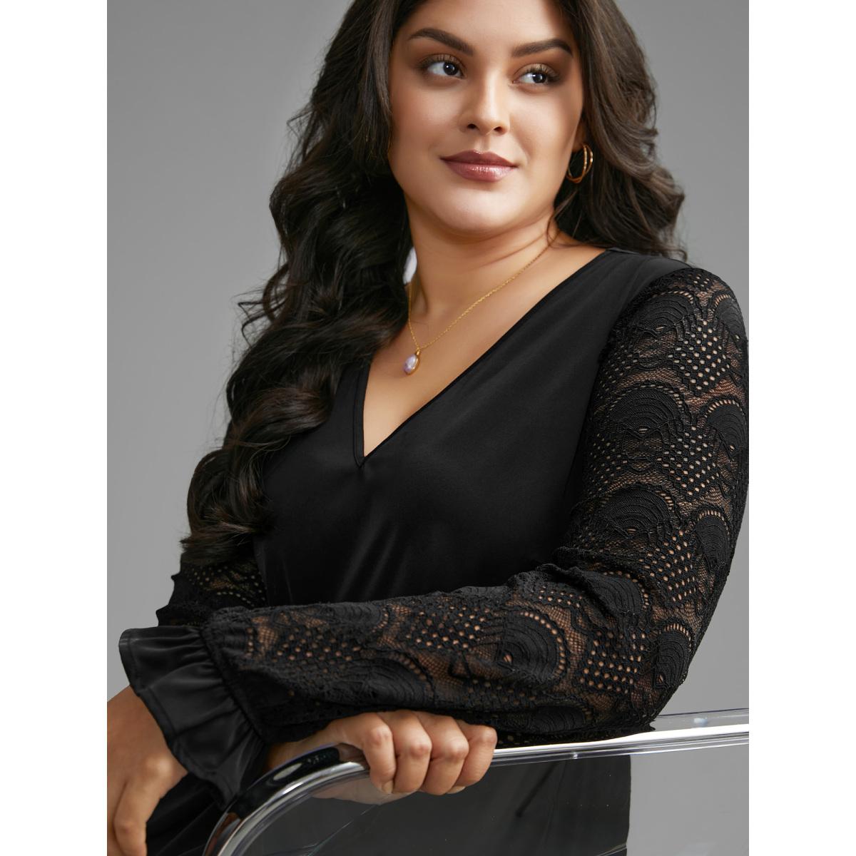 Plus Size V Neck Lace Patchwork Midi Dress Black Women Elegant Woven ribbon&lace trim V-neck Long Sleeve Curvy BloomChic 14-16/1X Product Image