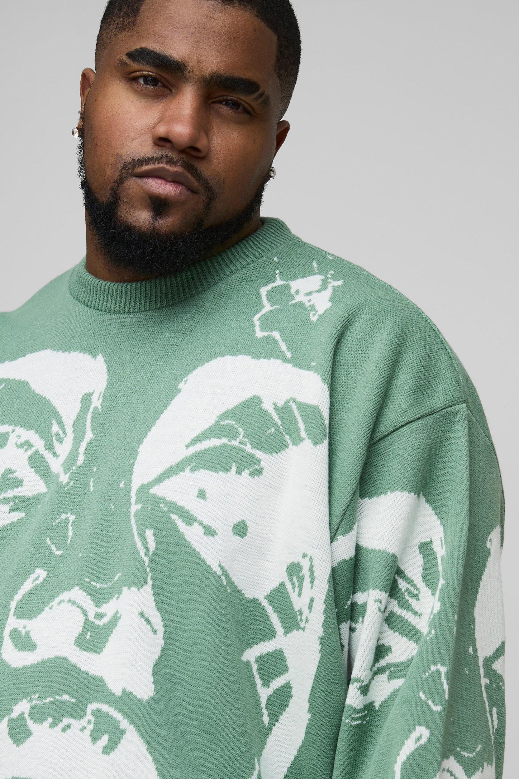 Plus Oversized Boxy Line Face Knitted Sweater | boohooMAN USA Product Image