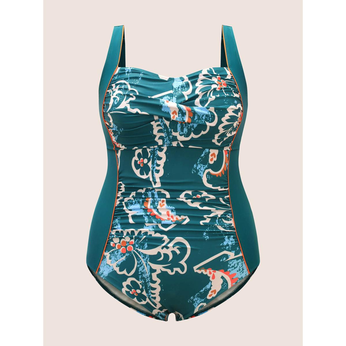 Plus Size Abstract Floral Patchwork Twist One Piece Swimsuit Women's Swimwear Cyan Beach Twist Curve Bathing Suits High stretch One Pieces BloomChic 22-24/3X Product Image