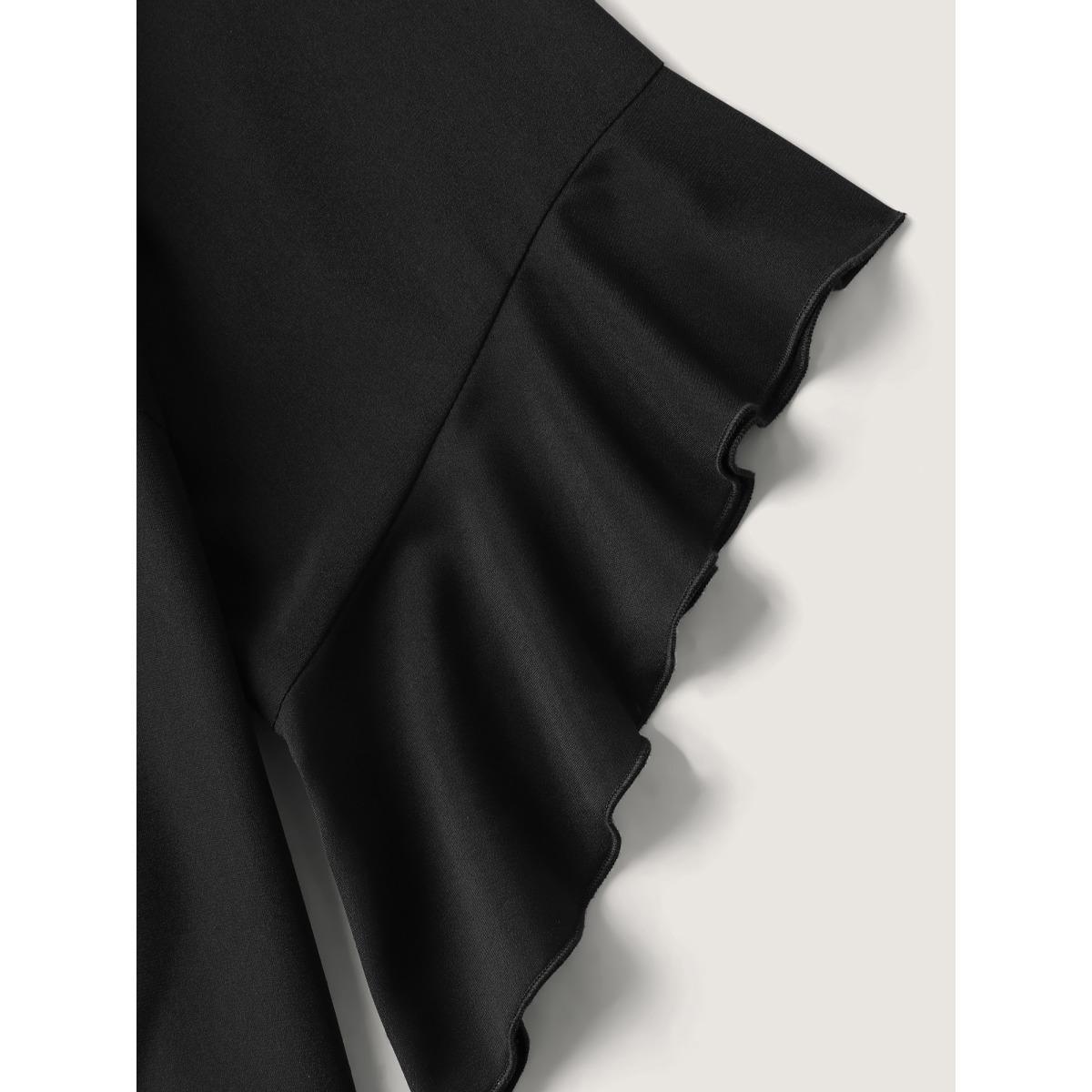 Plus Size Black Metallic Neck Detail Ruffled Solid Blouse Women Elbow-length sleeve Asymmetrical Neck Work Blouses BloomChic 18-20/2X Product Image