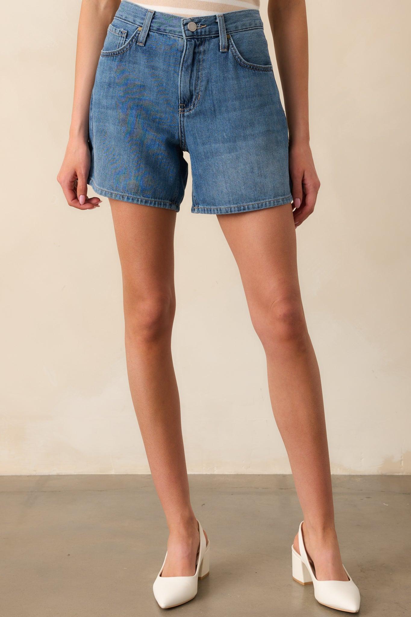 Living Simply Medium Wash High Waisted Denim Shorts L / Medium Wash Product Image