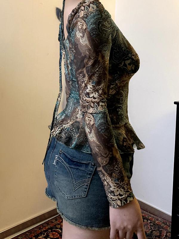 Printed Ruffled Tie-Neck Long-Sleeved Product Image