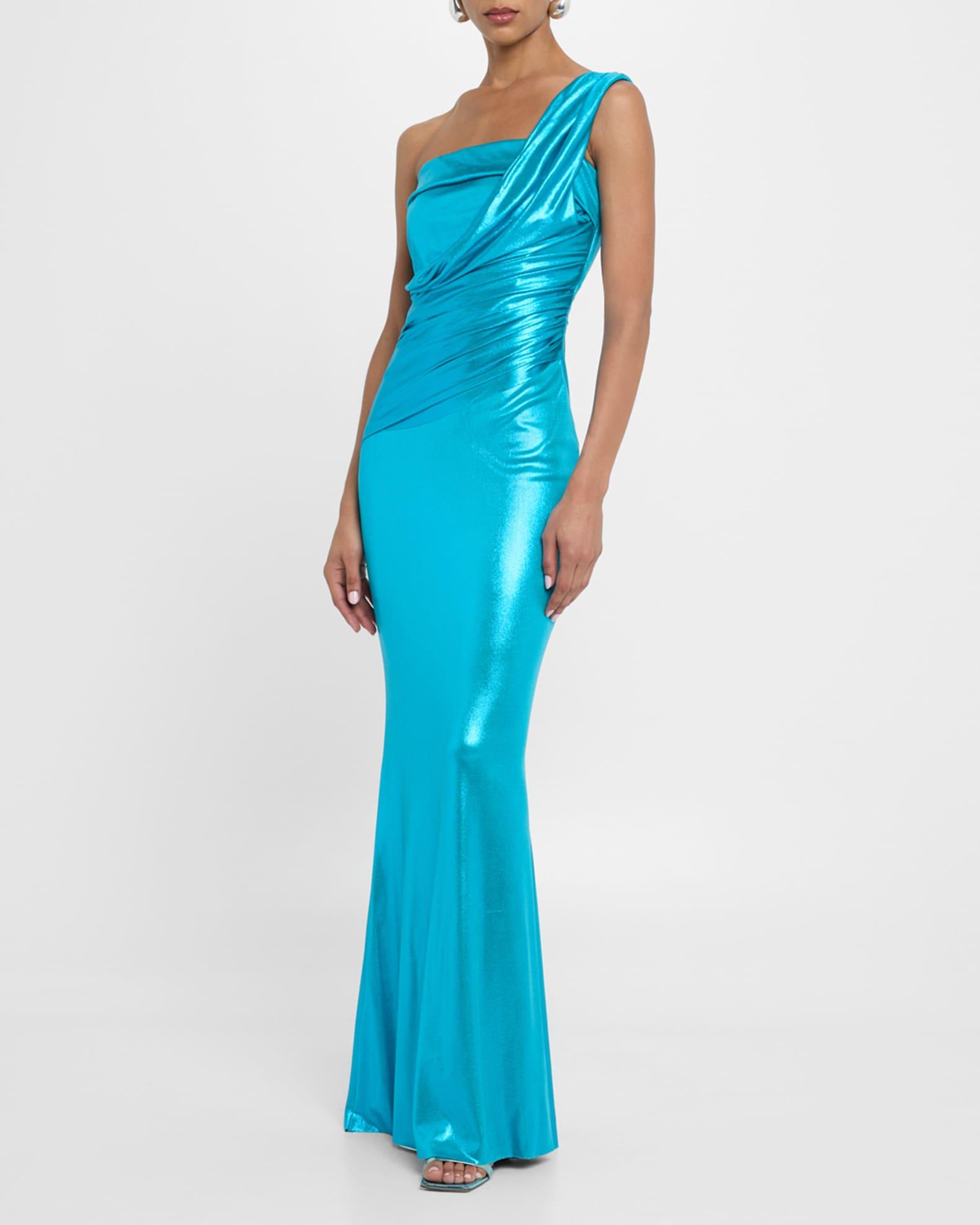 Ruched One-Shoulder Shimmer Column Gown Product Image