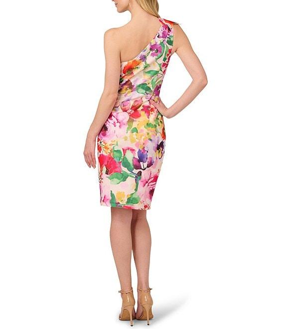 Adrianna Papell Petite Size Scuba Floral Print One Shoulder Neck Sleeveless Sheath Midi Dress Product Image