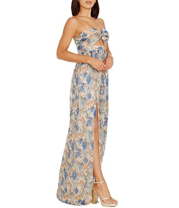Dress the Population Angelique Sweetheart Strapless Cutout Floral Printed Metallic Chiffon Front Slit Sheath Gown Product Image