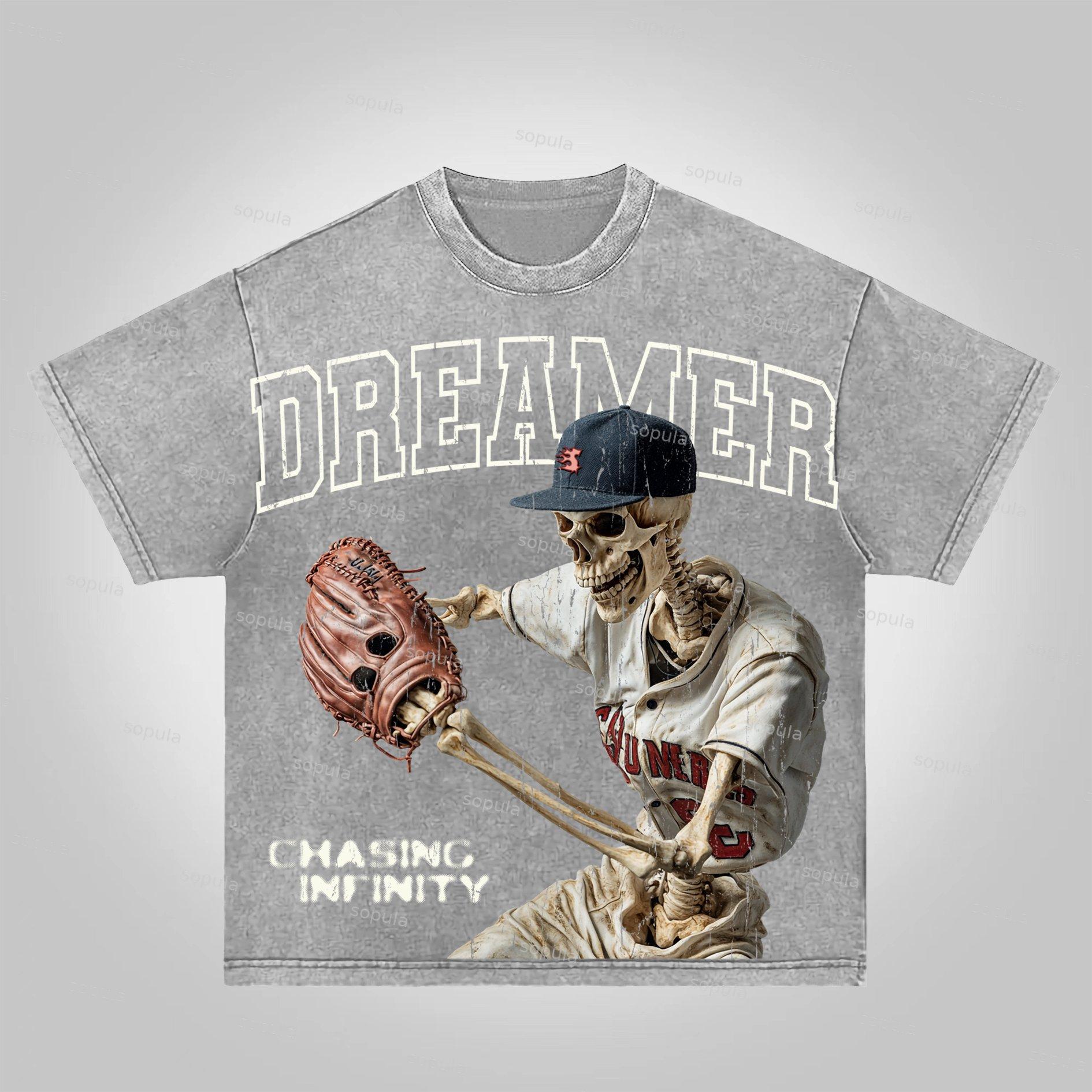 Sopula Dreamer Vintage Skeleton Baseball Player Graphic Acid Wash T-shirt Product Image