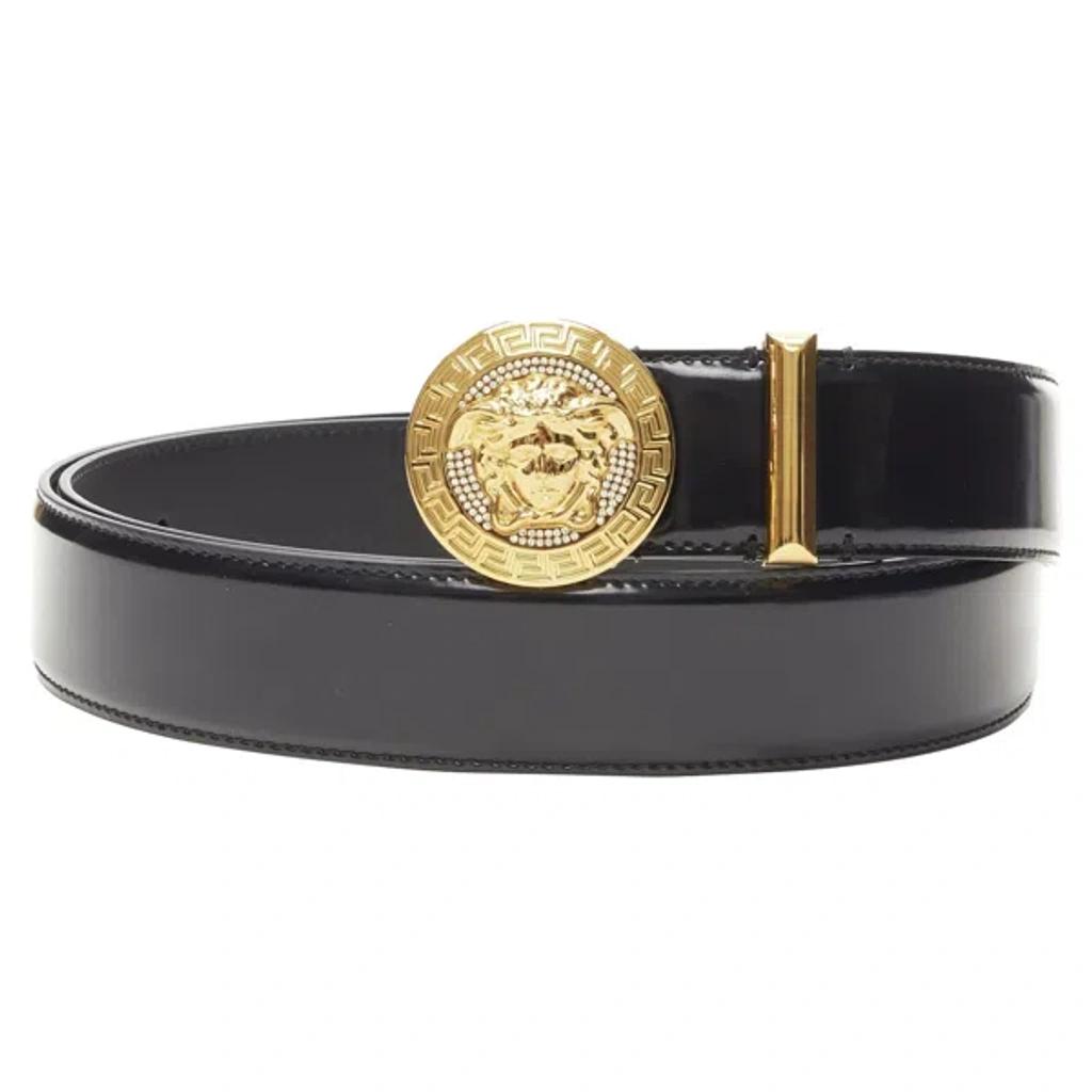 VERSACE Medusa Streamlined Leather Belt With Adjustable Length And Gold-tone Buckle In Black Product Image