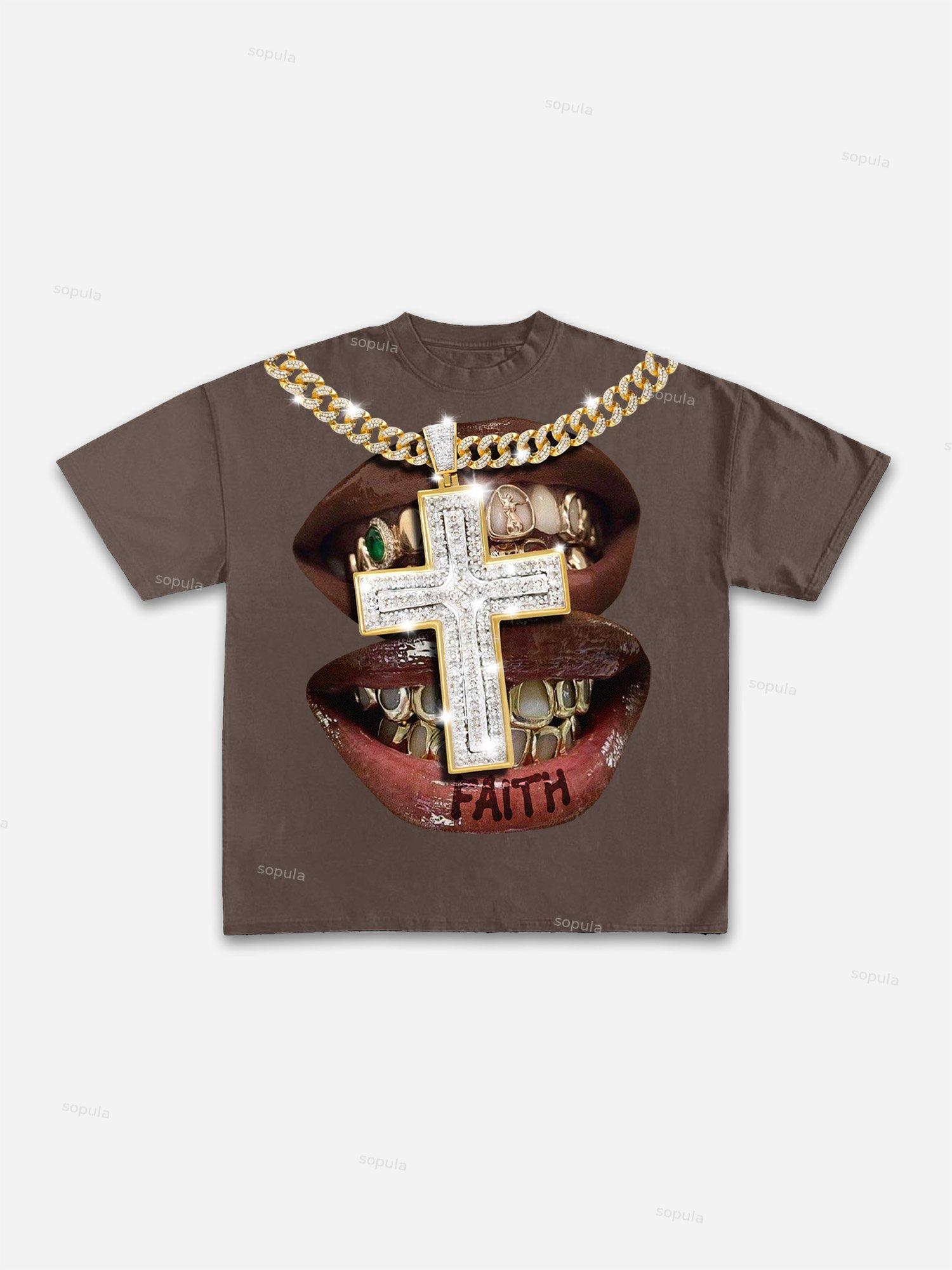 Faith Cross Diamond Necklace Lips Graphic Cotton T-shirt Product Image