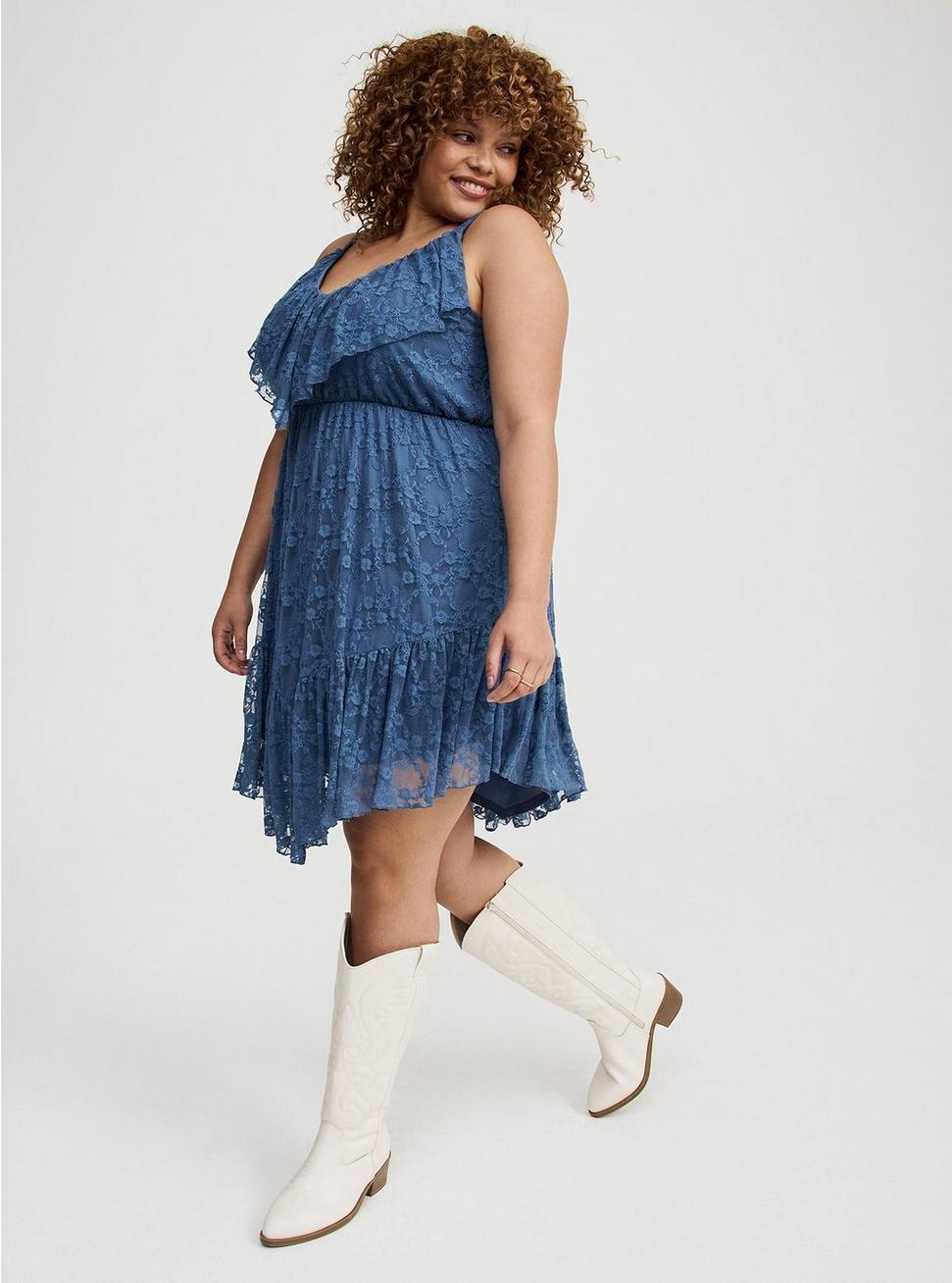 High-Low Stretch Lace Ruffle Dress Product Image