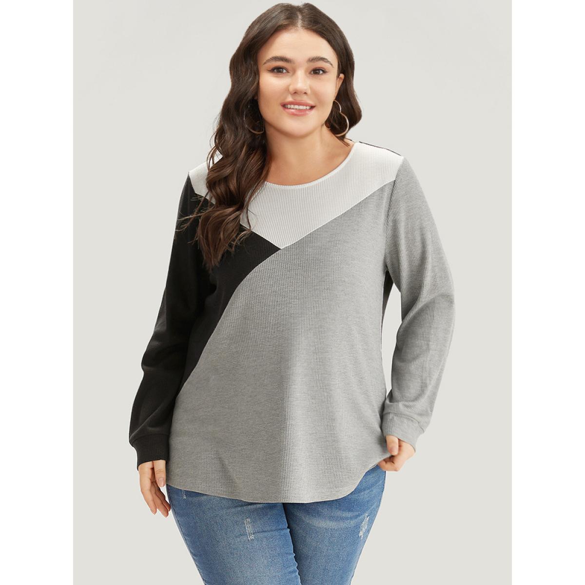 Plus Size Colorblock Contrast Crew Neck Long Sleeve T-shirt Multicolor Women Casual Elastic cuffs Plain Round Neck Dailywear T-shirts BloomChic 12/L Product Image