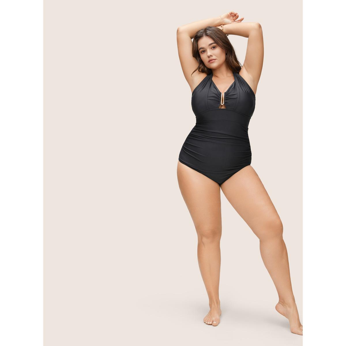 Plus Size Solid Ruched Metal Buckle Detail One Pieces Swimsuit Women's Swimwear Black Beach Non Curve Bathing Suits High stretch One Pieces BloomChic 26/4X Product Image
