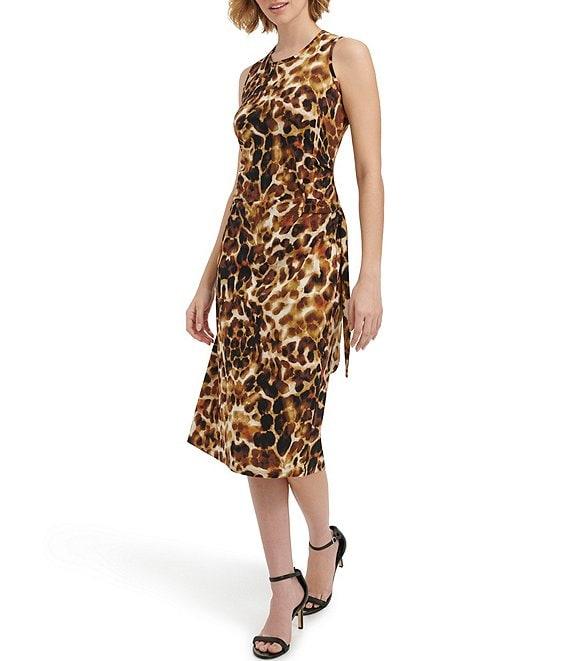 Calvin Klein Printed Crew Neckline Sleeveless Midi Wrap Dress Product Image