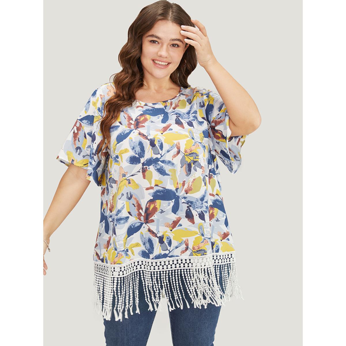 Plus Size Stone Plant Print Ruffle Sleeve Lace Fringe Hem Blouse Women Elegant Short sleeve Round Neck Dailywear Blouses BloomChic 14-16/1X Product Image