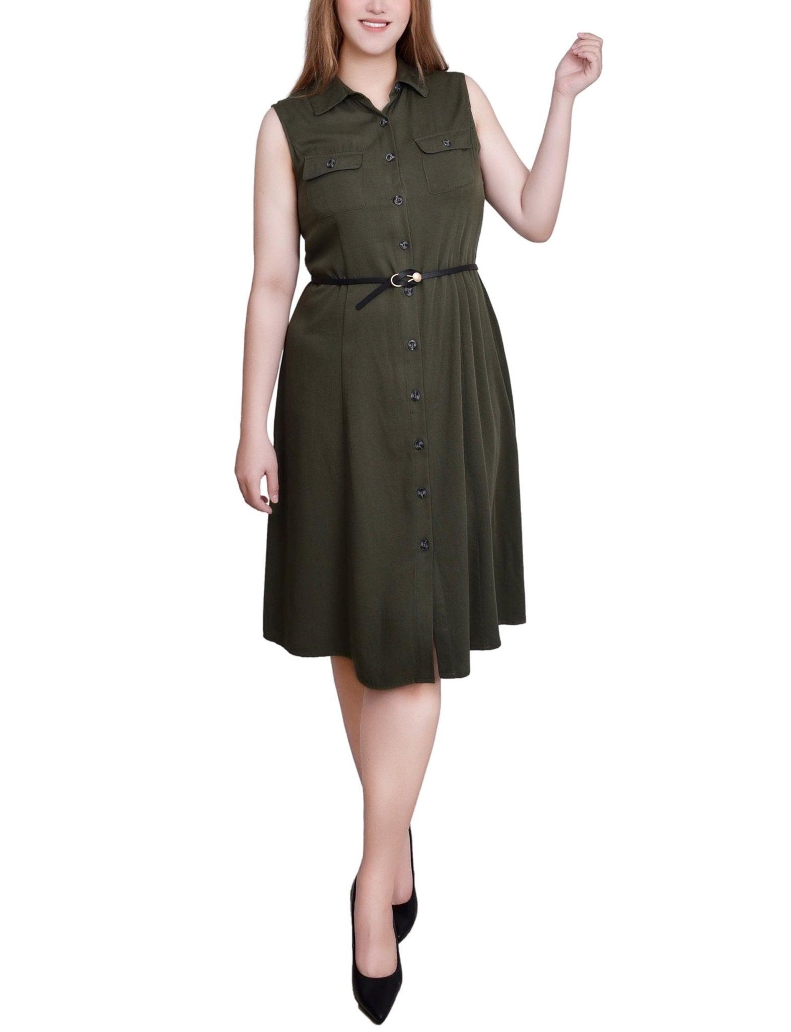Oil Green Sleeveless Button Front Dress - Petite Product Image
