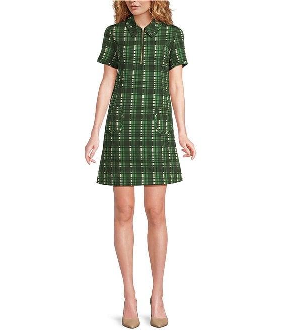 Tara Jarmon Rubina Plaid Print Point Collar Quarter Zip Short Sleeve A-Line Dress Product Image