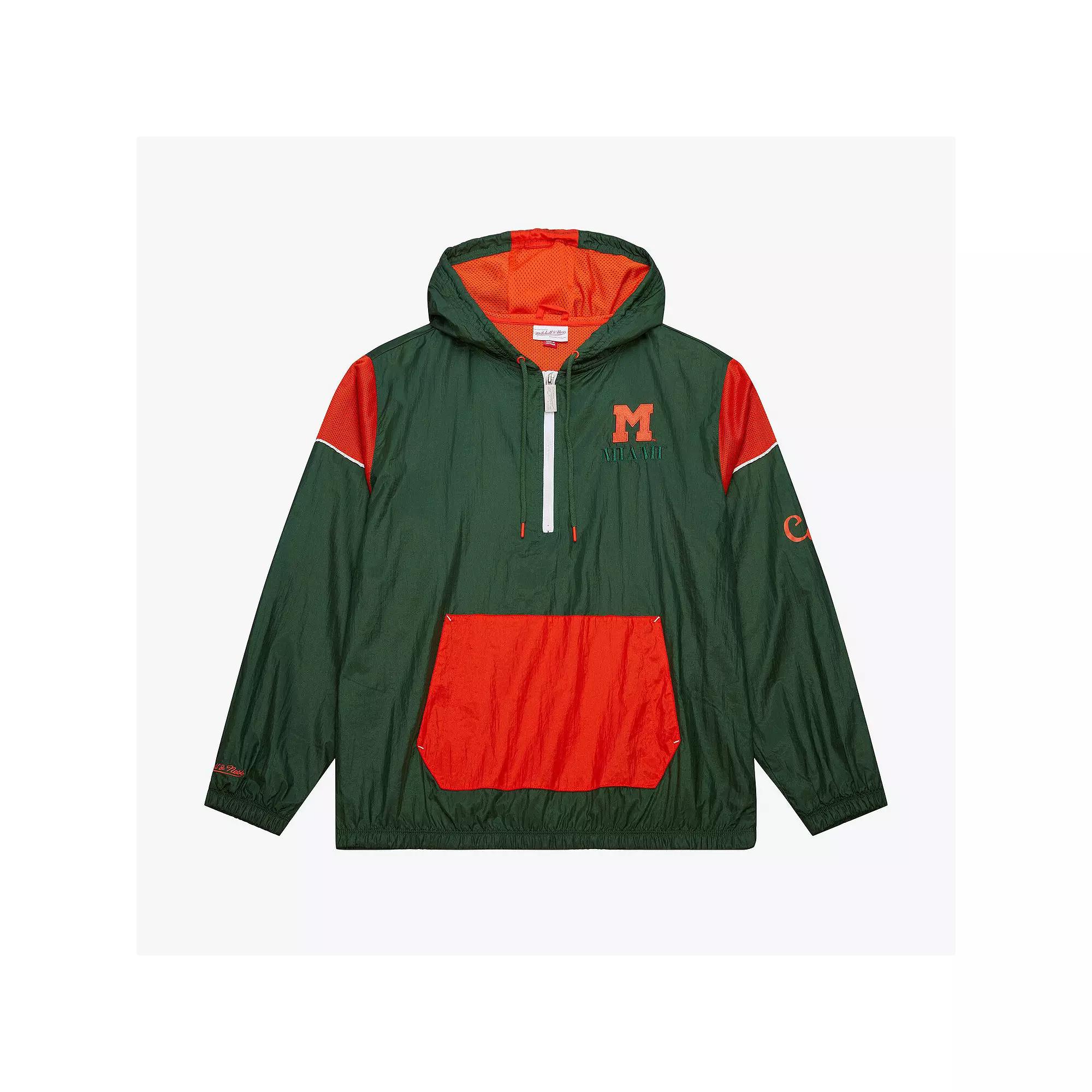 Men's Mitchell & Ness Green Miami Hurricanes Anorak Vintage Logo Half-Zip Hoodie Jacket,  Product Image
