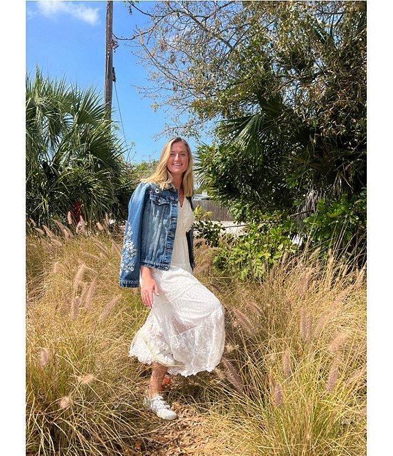 Driftwood X Bluebell Fleur Embroidered Point Collar Long Sleeve Denim Statement Jacket Product Image