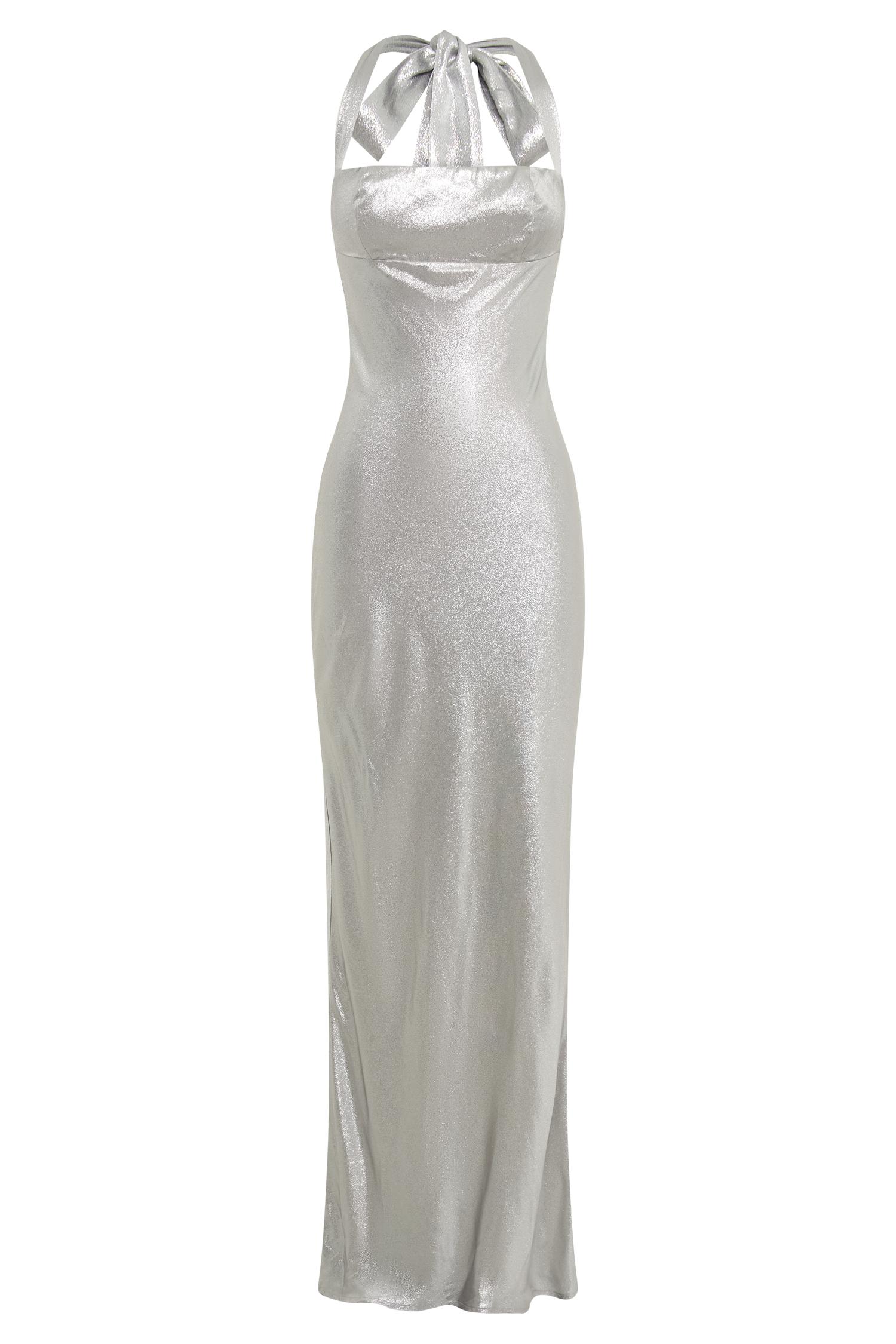 Sabra Satin Halter Maxi Dress - Silver Product Image