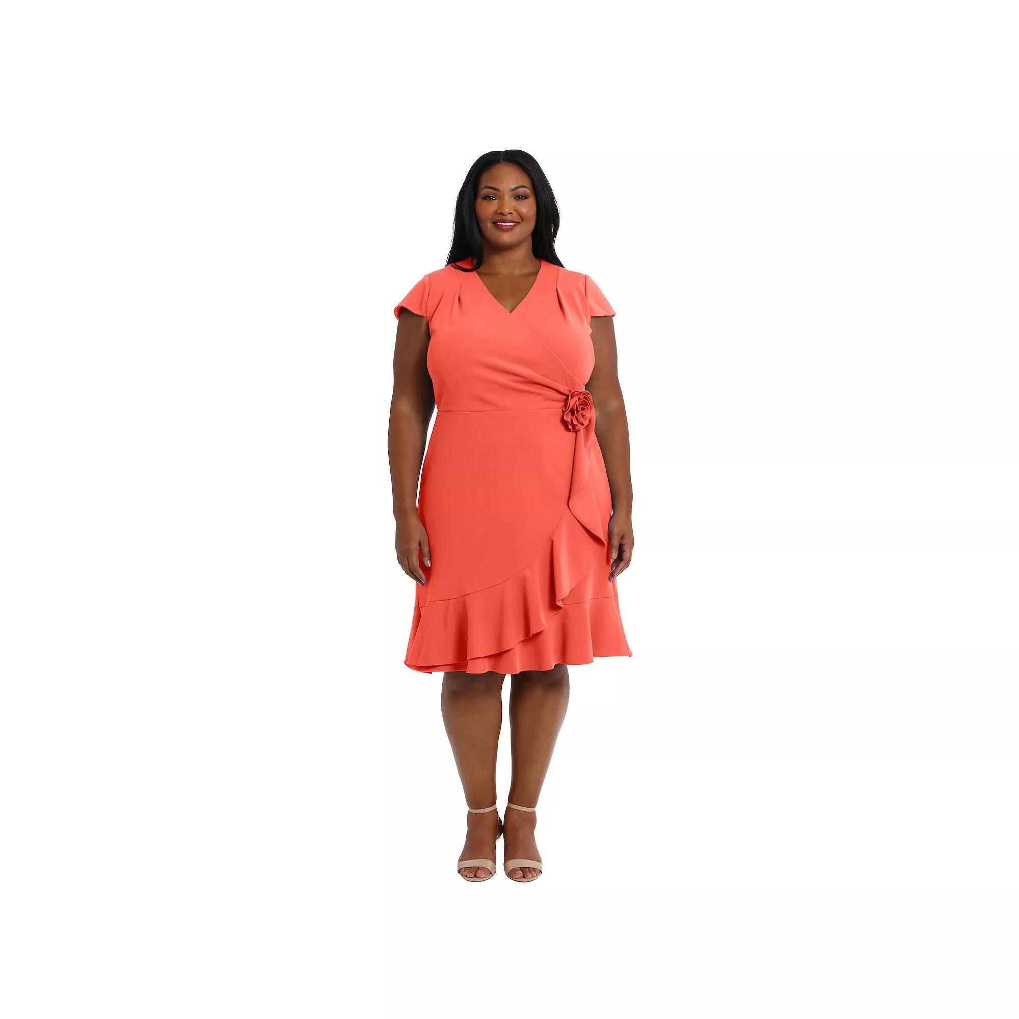 Plus Size London Times Rosette Wrap Cascade Ruffle Dress, Women's, Size: 16 W, Pink Product Image