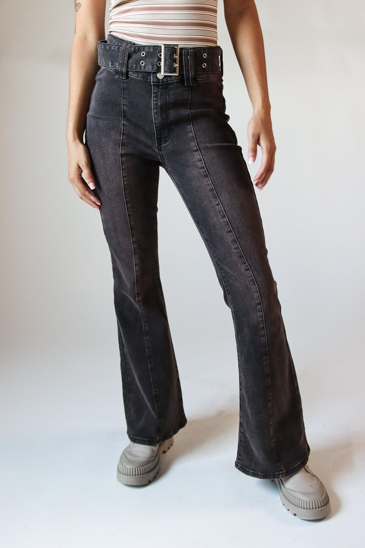 Belted Flare Grunge Wash Jeans Product Image