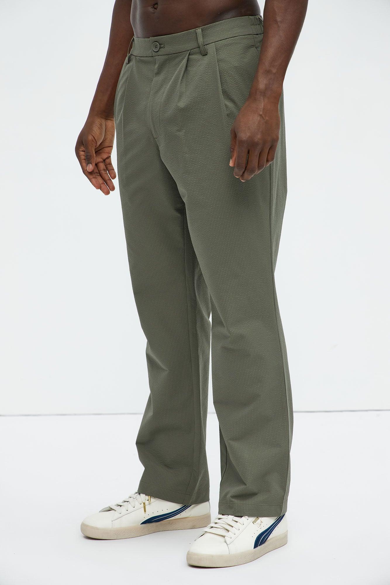 Seersucker Pleated Pants - Olive Product Image