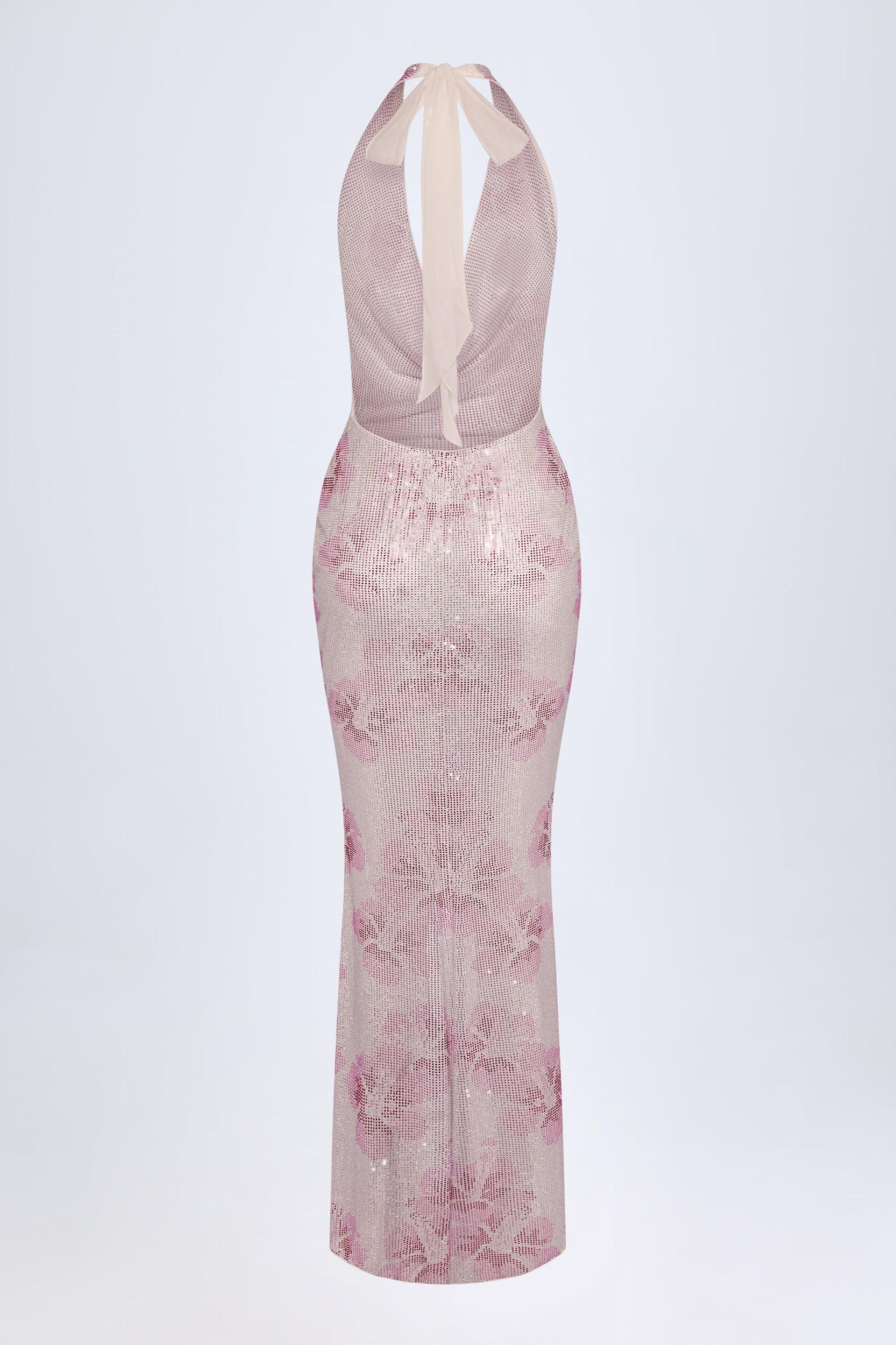 Embellished Cowl-Neck Maxi Dress in Pink White Hotfix Product Image