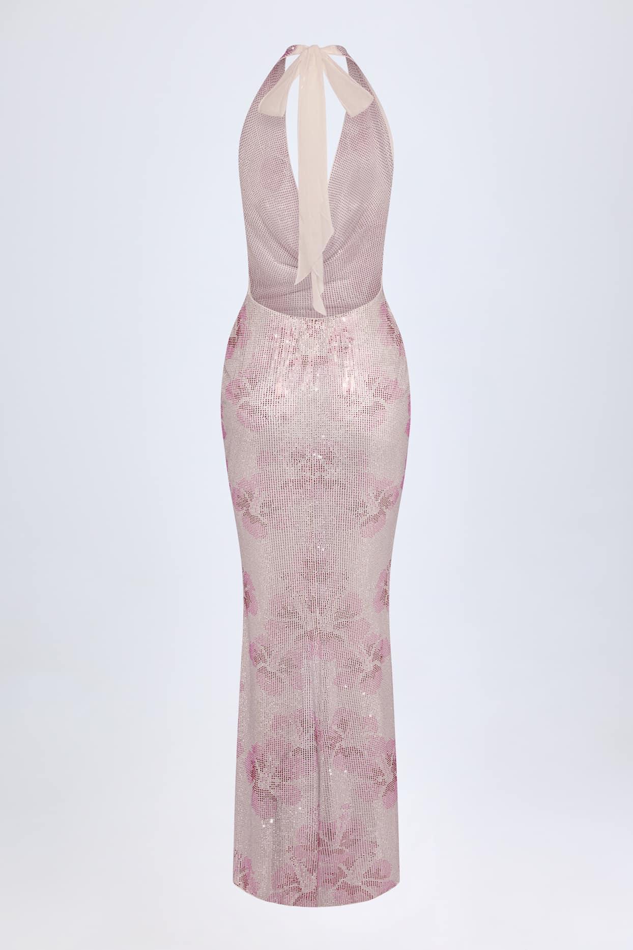 Embellished Cowl-Neck Maxi Dress in Pink White Hotfix Product Image