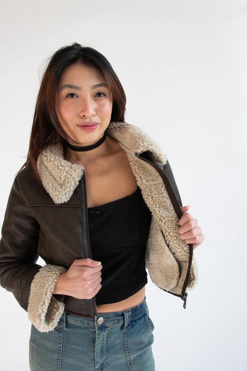 Faux Fur Lined Pleather Bomber Jacket Product Image