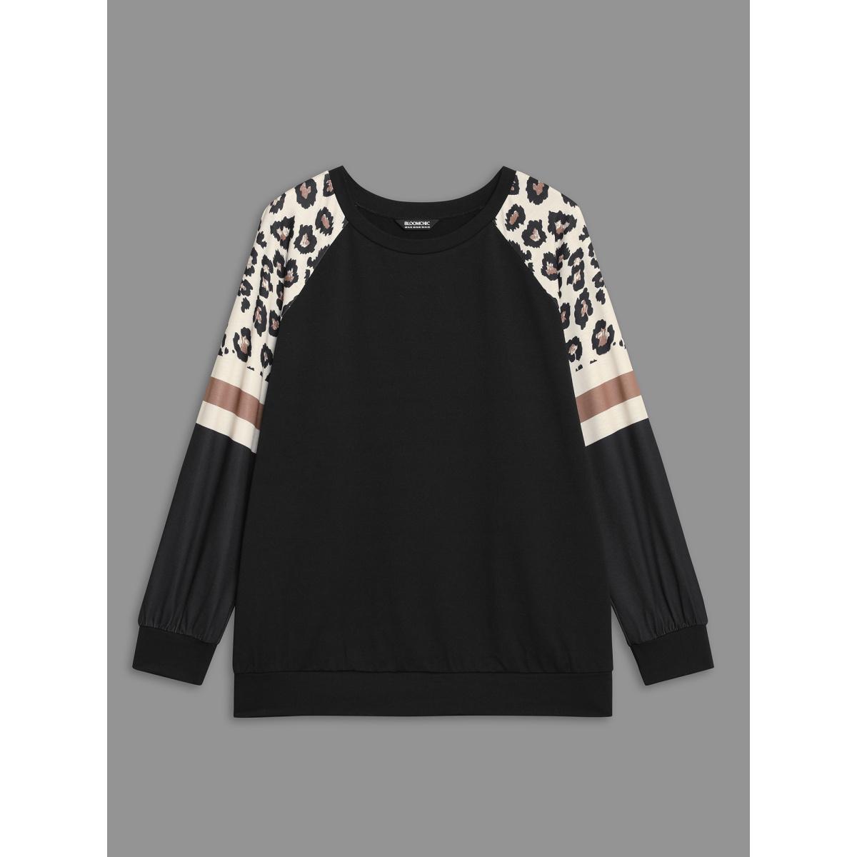 Plus Size Round Neck Stretchy Leopard Sleeve Sweatshirt Women Black Casual Contrast Round Neck Everyday Sweatshirts BloomChic 30/6X Product Image