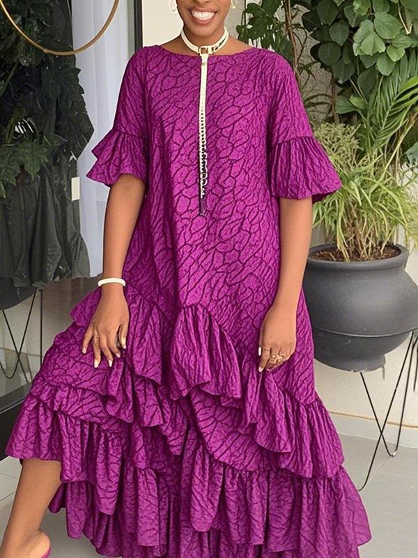 Flared Sleeves Half Sleeves Asymmetric Layered Pleated Printed Ruffle Trim Round-Neck Maxi Dresses Product Image