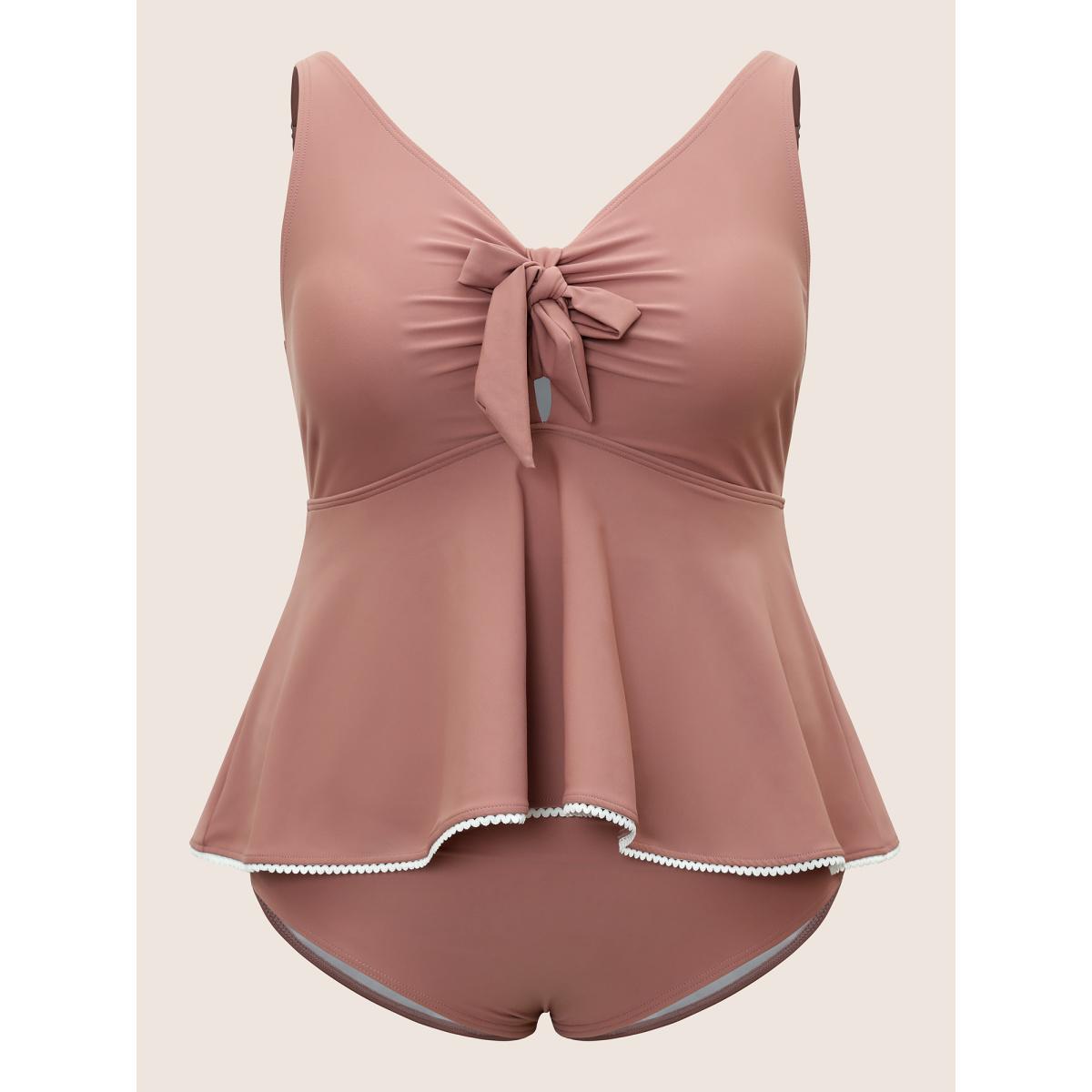 Plus Size Lace Trim Bowknot Front Ruched One Piece Swimsuit Women's Swimwear Rouge Beach Gathered Curve Bathing Suits High stretch One Pieces BloomChic 10/M Product Image