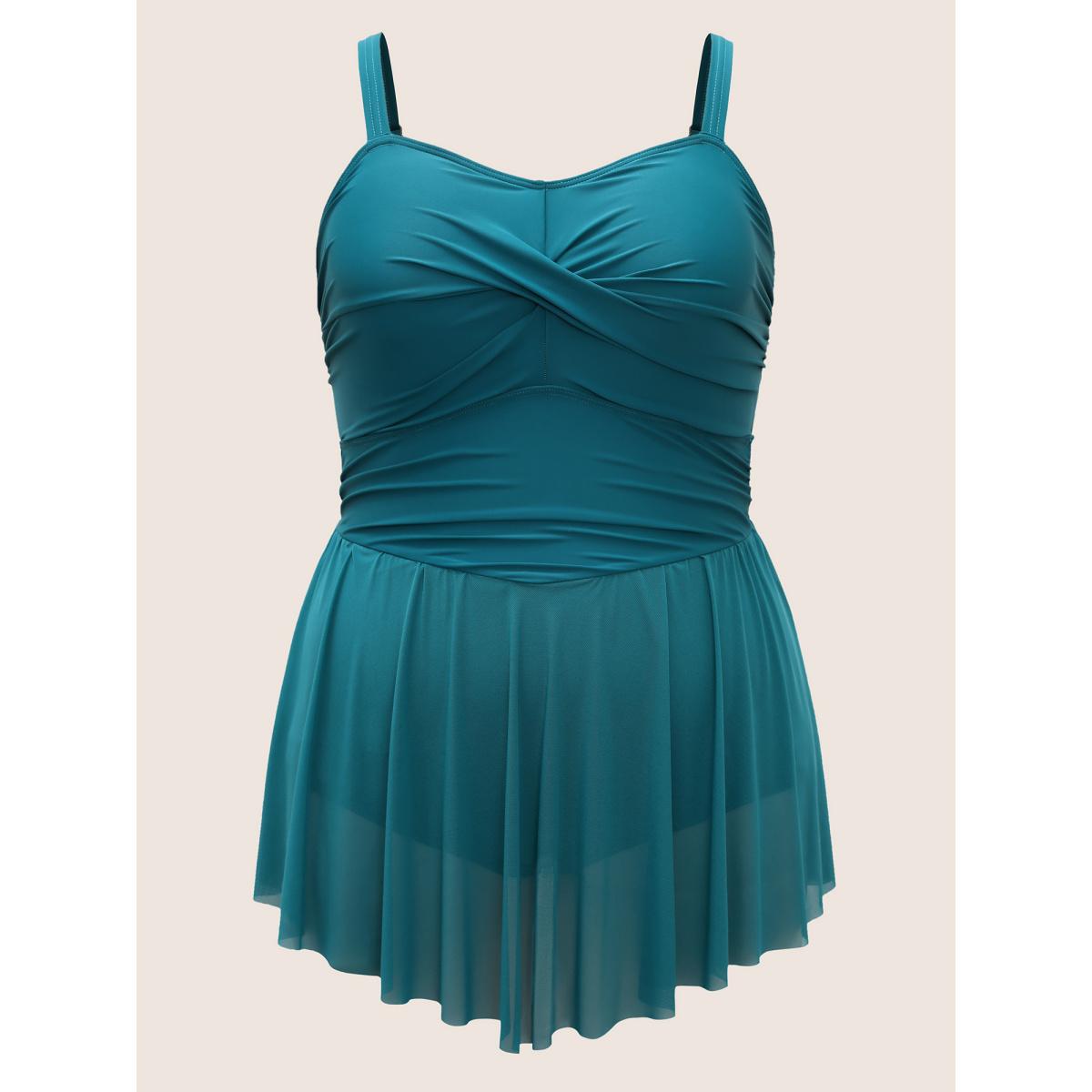 Plus Size Solid Twist Front Heart Neckline Swim Dress Women's Swimwear Teal Beach Bodycon Heart neckline High stretch Curve Swim Dresses BloomChic 10/M Product Image