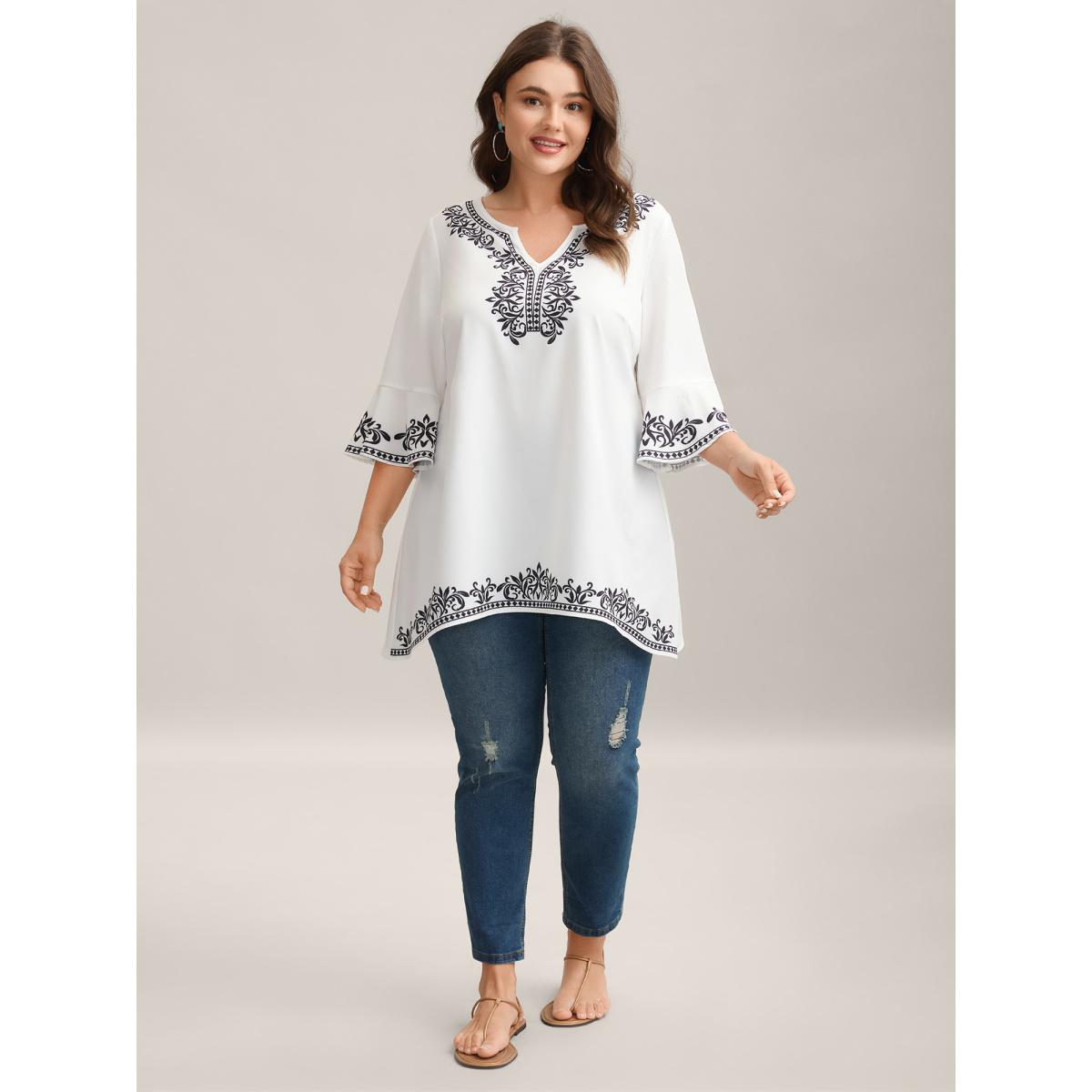 Plus Size Originalwhite Boho Print Split Neck Relaxed Fit Blouse Women Resort Elbow-length sleeve Notched collar Vacation Blouses BloomChic 22-24/3X Product Image
