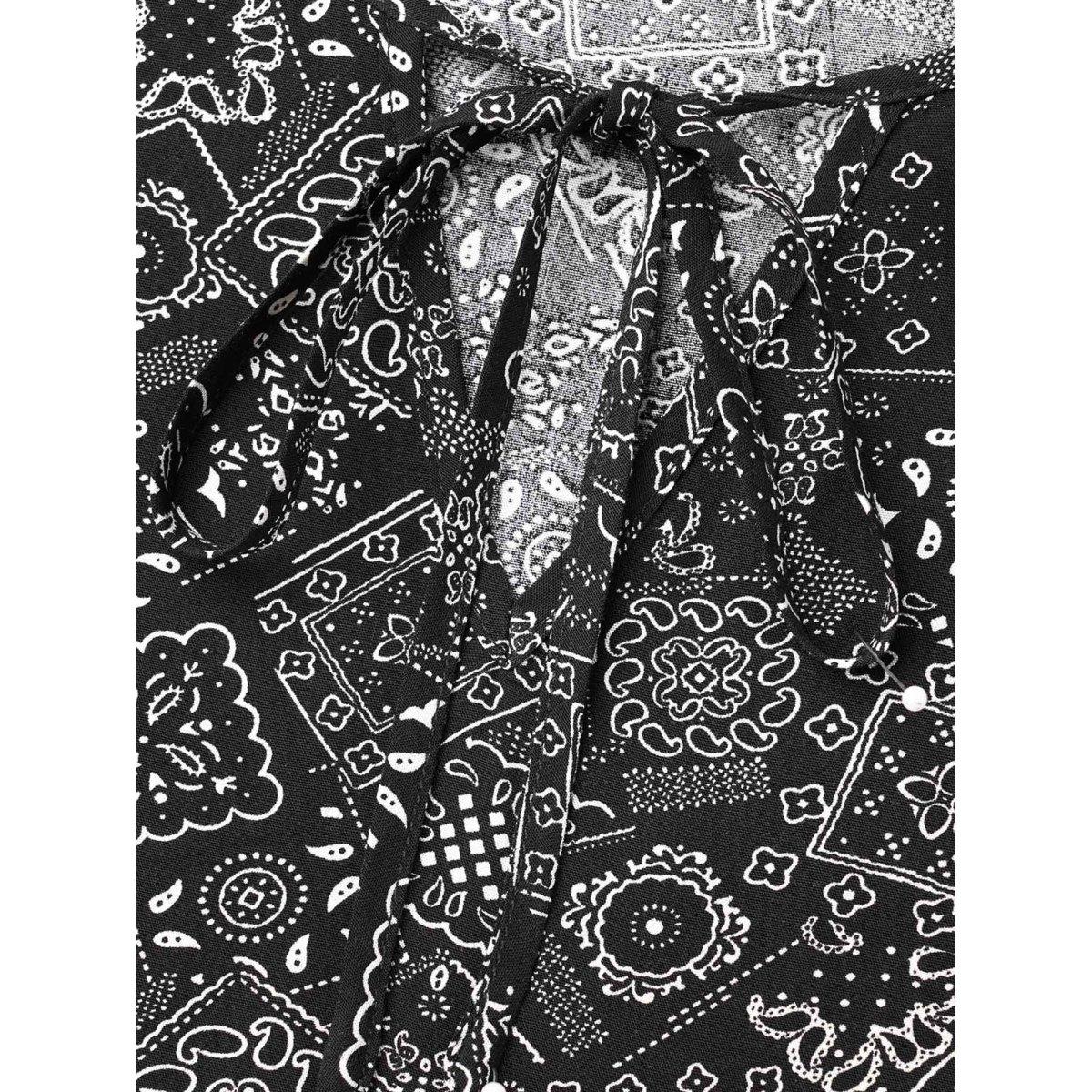 Plus Size Black Boho Print Neck-Tie Blouse Women Resort Short sleeve Ribbon-tied collar Vacation Blouses BloomChic 10/M Product Image