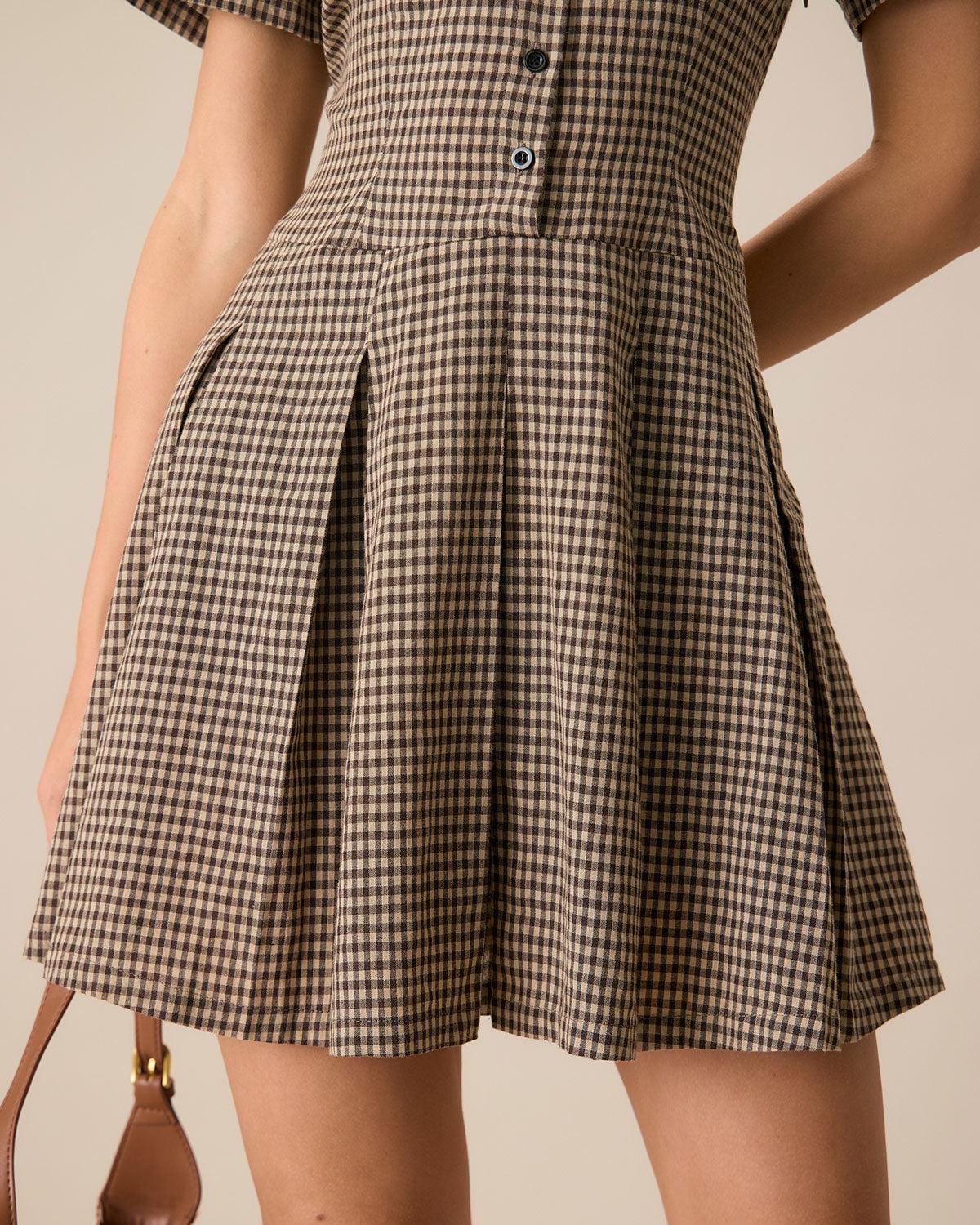 Brown Plaid Lapel Pleated Mini Dress Product Image