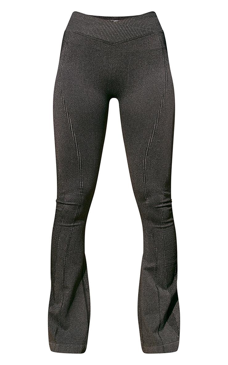 PLT SPORT Black Acid Wash Seamless Rib Panel Cross Front Flared Yoga Pants Product Image