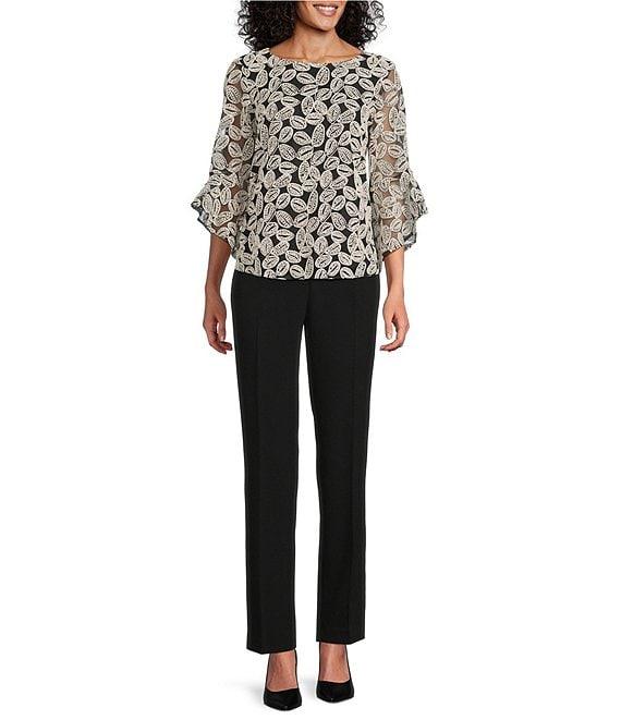 Kasper Embroidered Boat Neck 3/4 Ruffle Sleeve Blouse Product Image