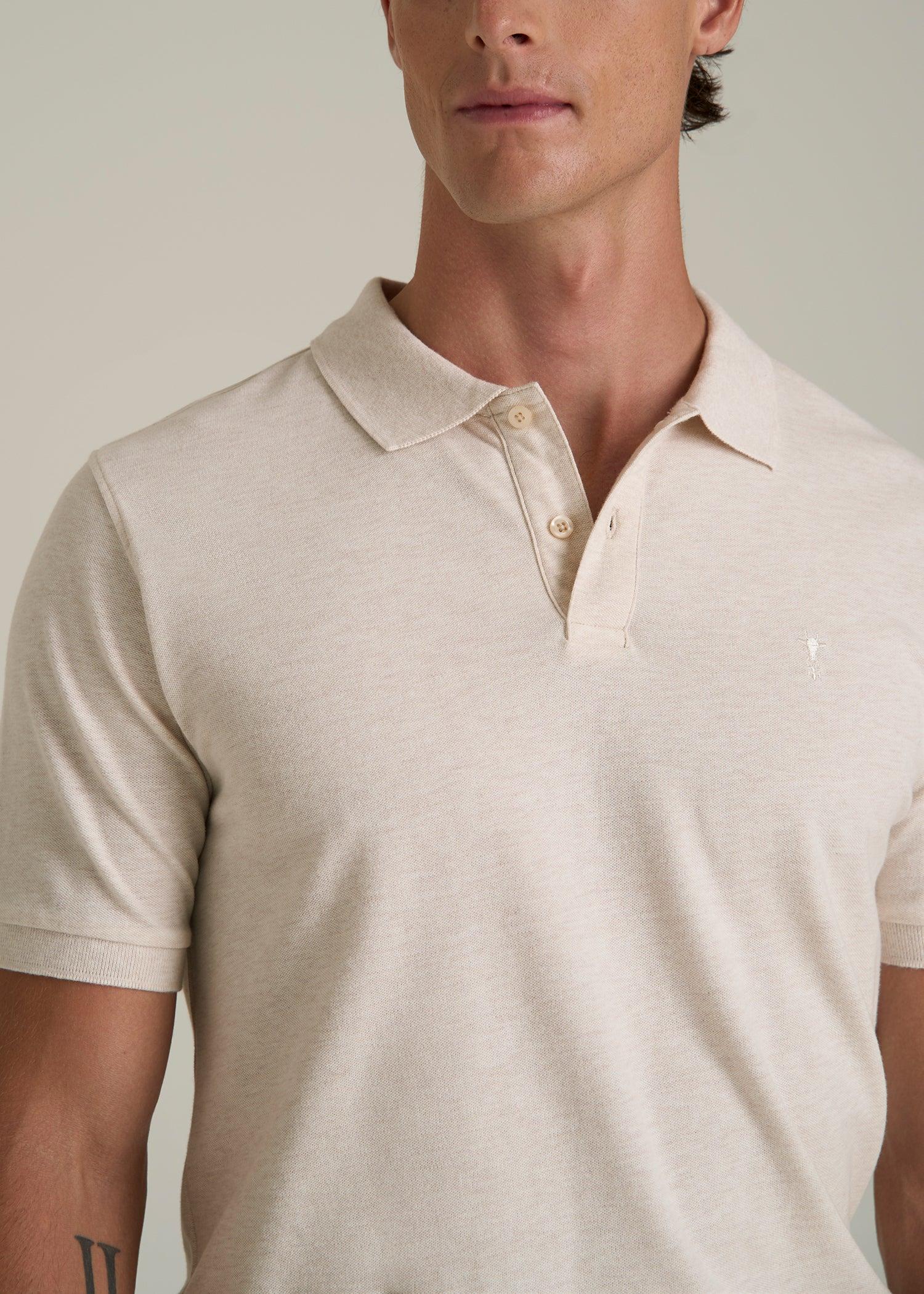 Classic Polo with Embroidered Logo for Tall Men in Heathered Oatmeal Male Product Image