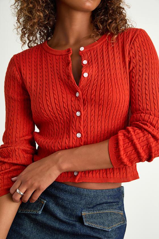Marylu Bright Red Cable Knit Cardigan Sweater Top Product Image
