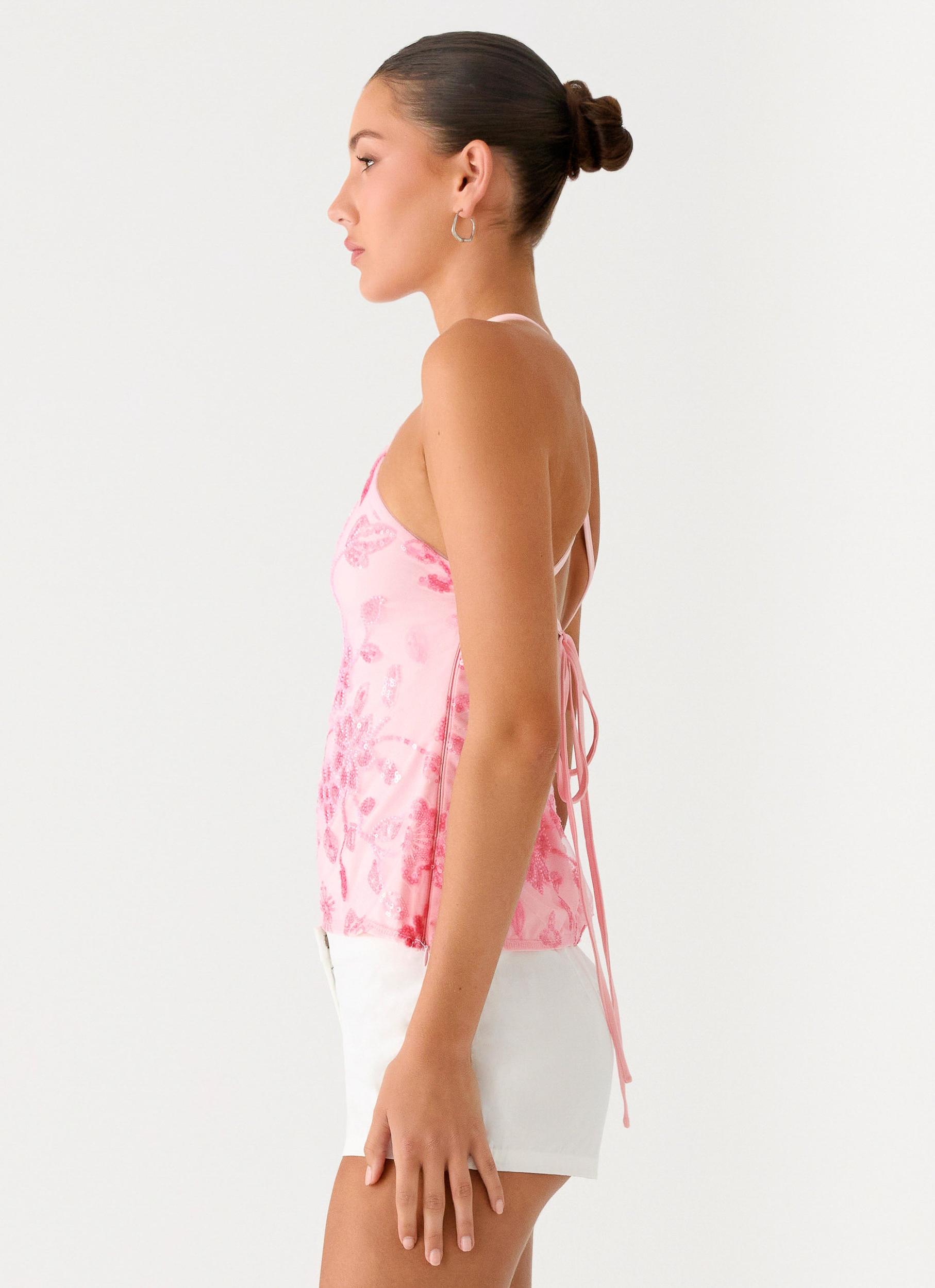 Janelle Beaded Halter Top - Pink Product Image