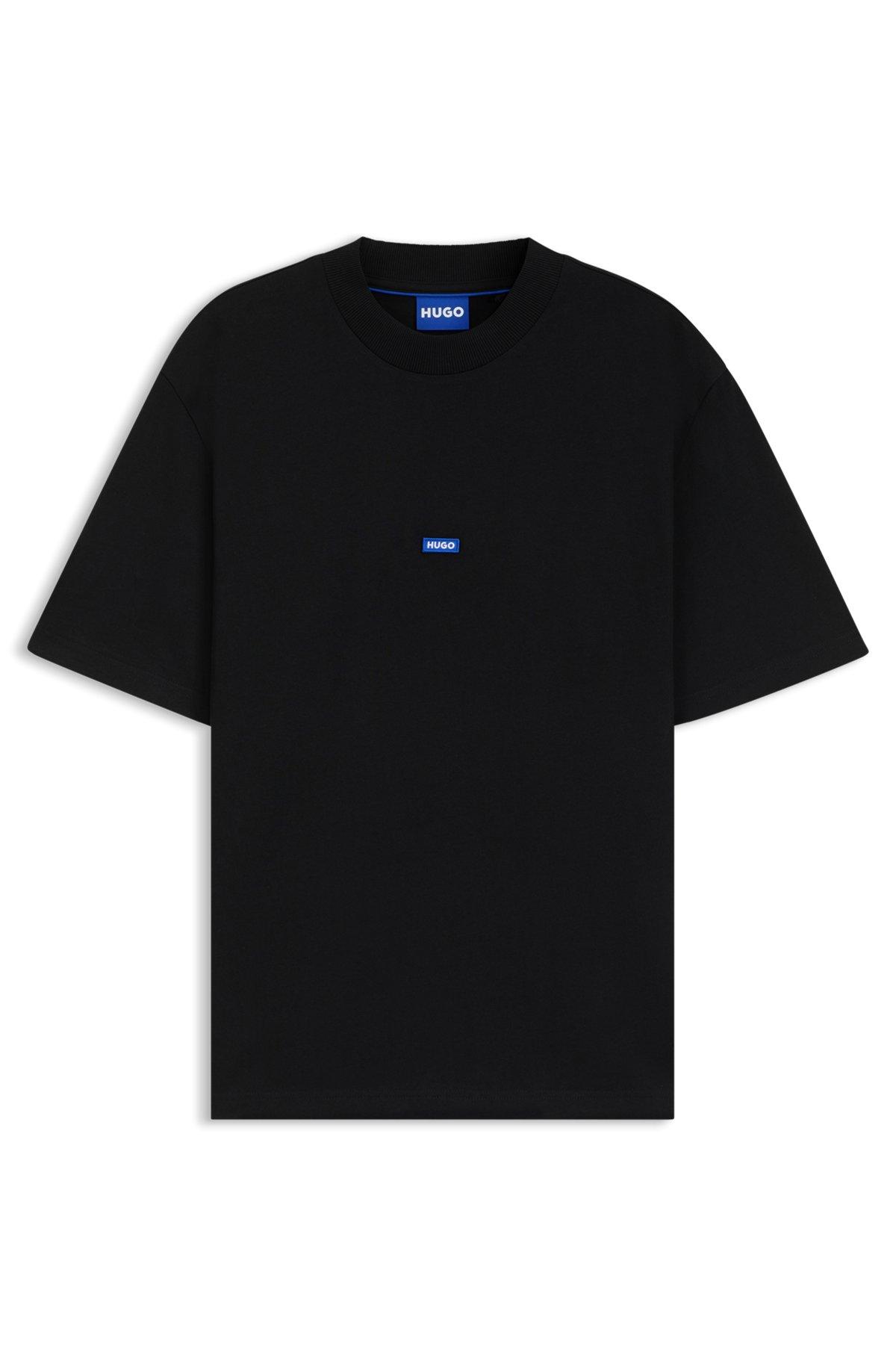 HUGO - Regular-fit cotton-jersey T-shirt with blue logo patch - Black Product Image
