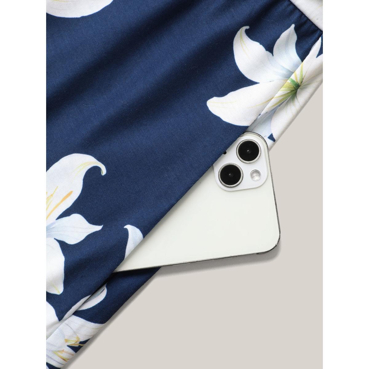 Plus Size Floral Surplice Neck Pleated Midi Dress Navy Women Casual Gathered Overlap Collar Short sleeve Curvy BloomChic 26/4X Product Image